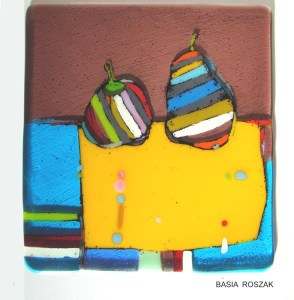 PEAR AND APPLE fused glass panel approx 20cmx20cm