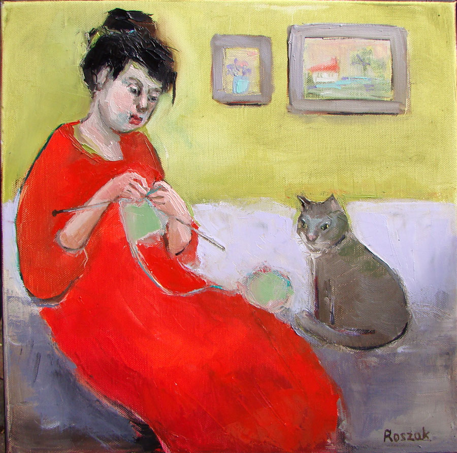 knitter with cat