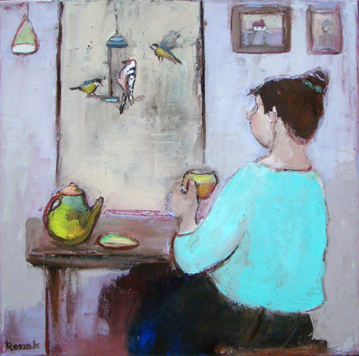 companions birds bird feeder lady oil on canvas