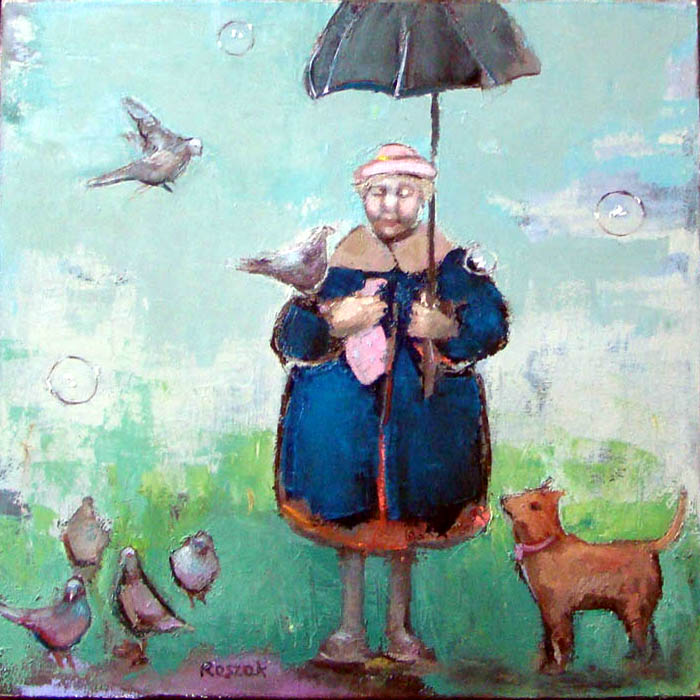 birds old lady with umbrella oil painting