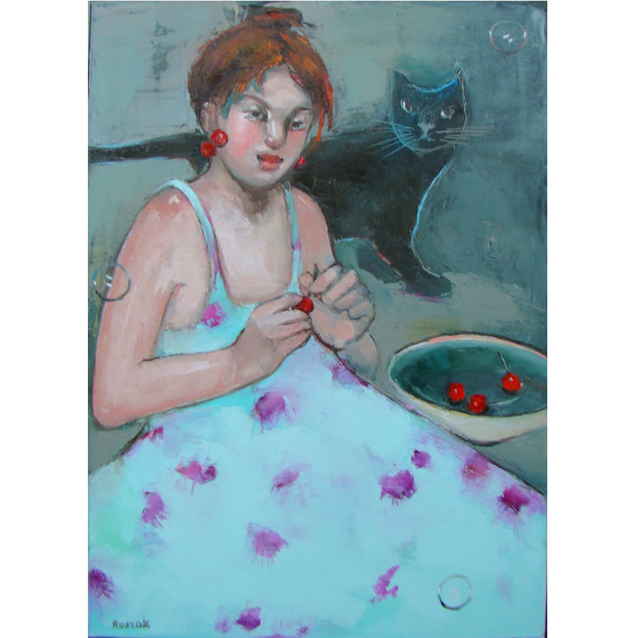 CHERRIES AND A BLACK CAT oil on canvas 70cmx50cm £1000
