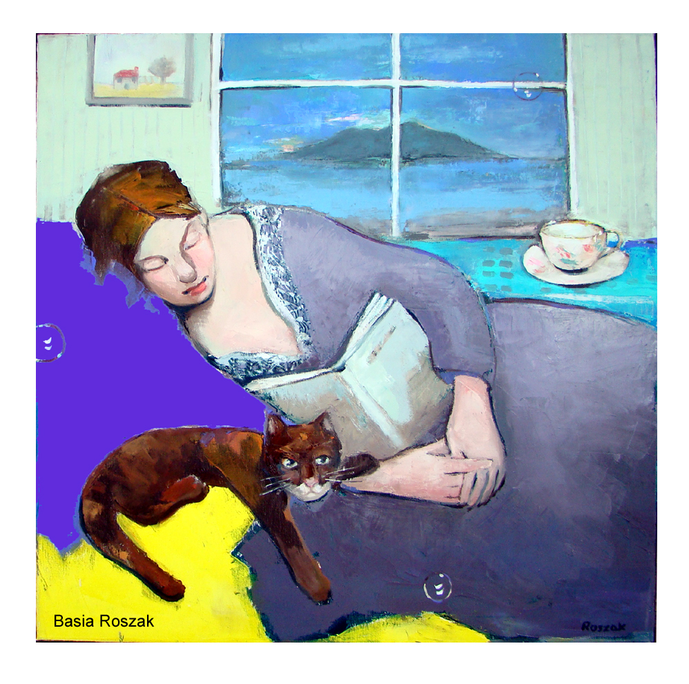 girl with a book and cat. Nice view through the window