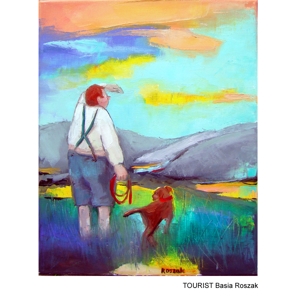 Man wit a dog in Scottish Highlands. Colourful original painting