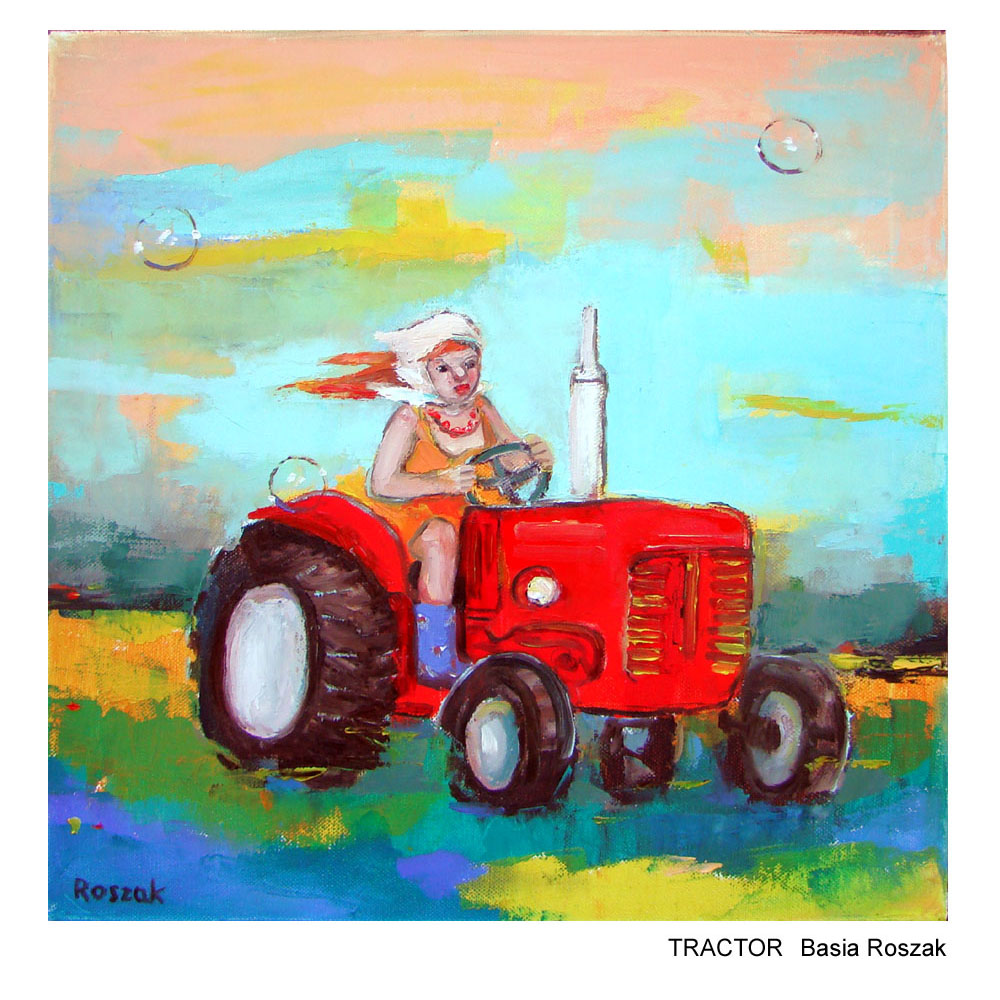 funky girl driving a tractor. Colourful oil painting 16inx16inch unframed